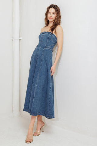 MIDNIGHT STRUCTURE DENIM MIDI DRESS - Glamourous Grace