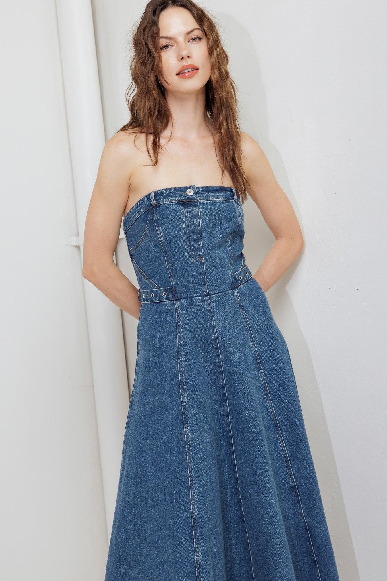 MIDNIGHT STRUCTURE DENIM MIDI DRESS - Glamourous Grace