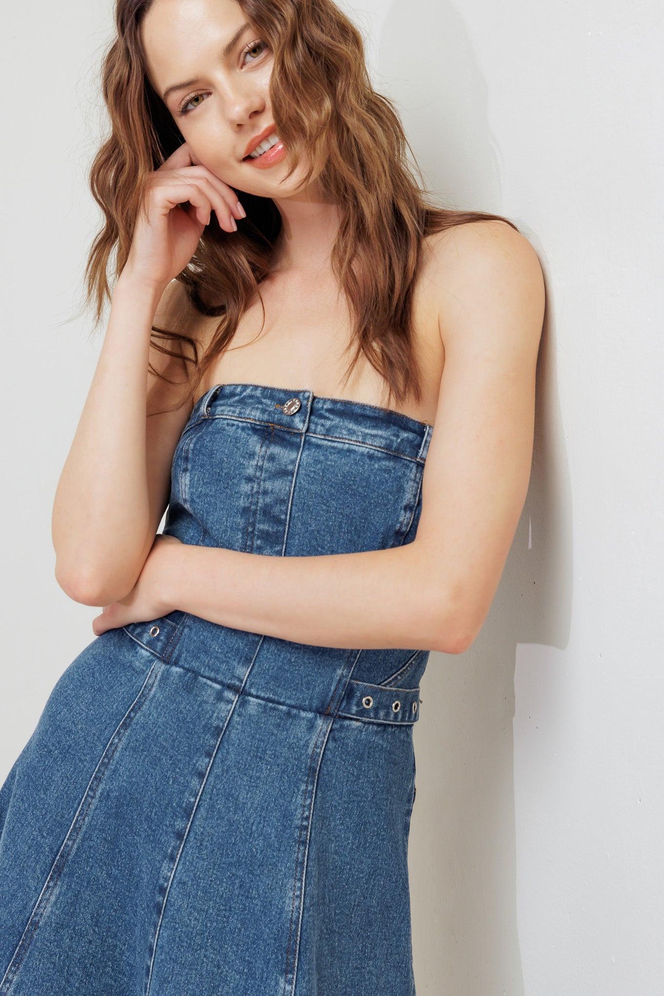 MIDNIGHT STRUCTURE DENIM MIDI DRESS - Glamourous Grace