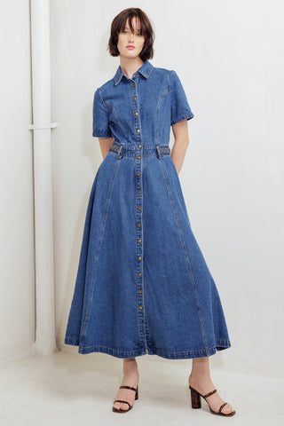 HIDDEN SMILE DENIM MIDI RESS - Glamourous Grace