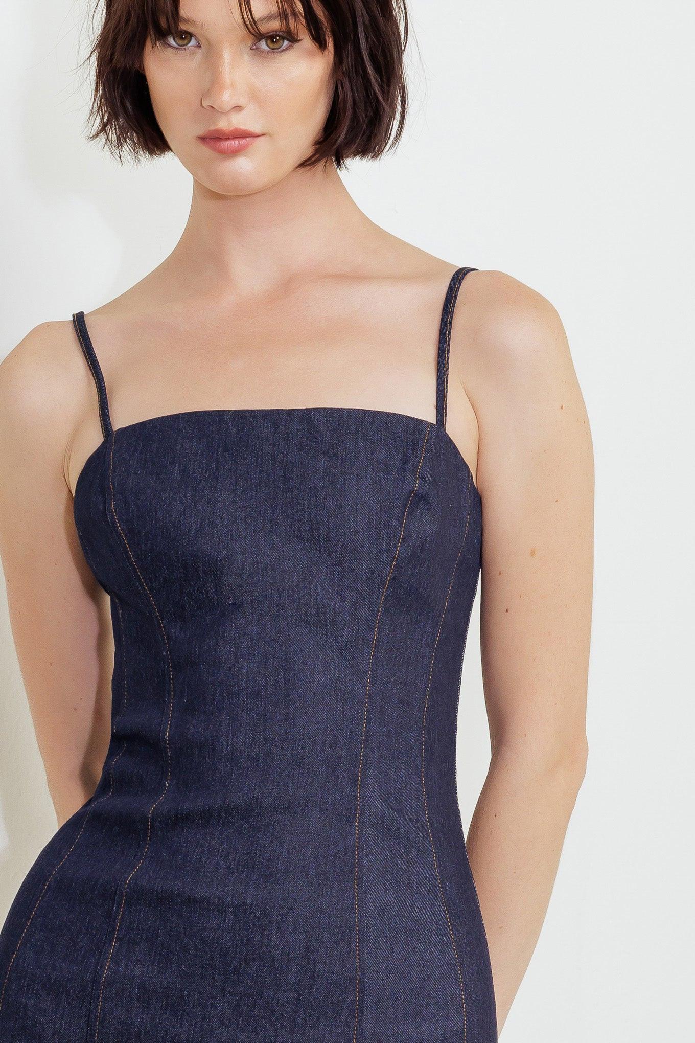 QUIET CURVE DARK DENIM MIDI DRESS - Glamourous Grace