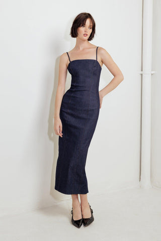 QUIET CURVE DARK DENIM MIDI DRESS - Glamourous Grace