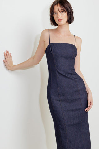 QUIET CURVE DARK DENIM MIDI DRESS - Glamourous Grace