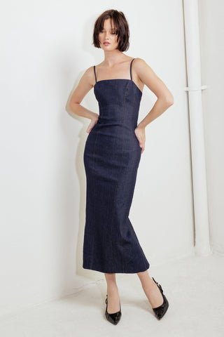QUIET CURVE DARK DENIM MIDI DRESS - Glamourous Grace