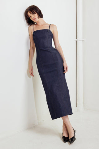QUIET CURVE DARK DENIM MIDI DRESS - Glamourous Grace