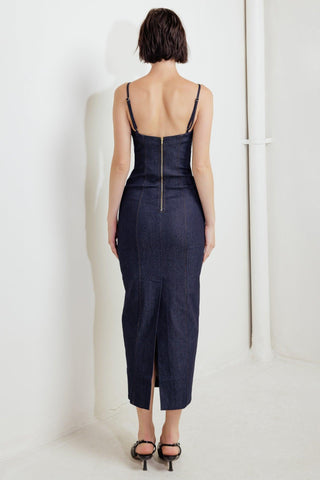 QUIET CURVE DARK DENIM MIDI DRESS - Glamourous Grace