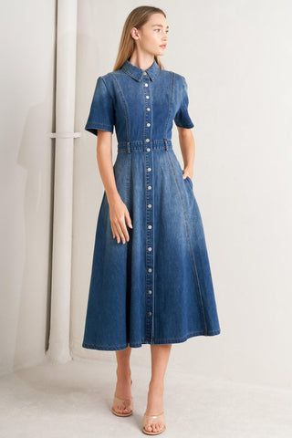 ELEGANT TOUCH DENIM MIDI DRESS - Glamourous Grace
