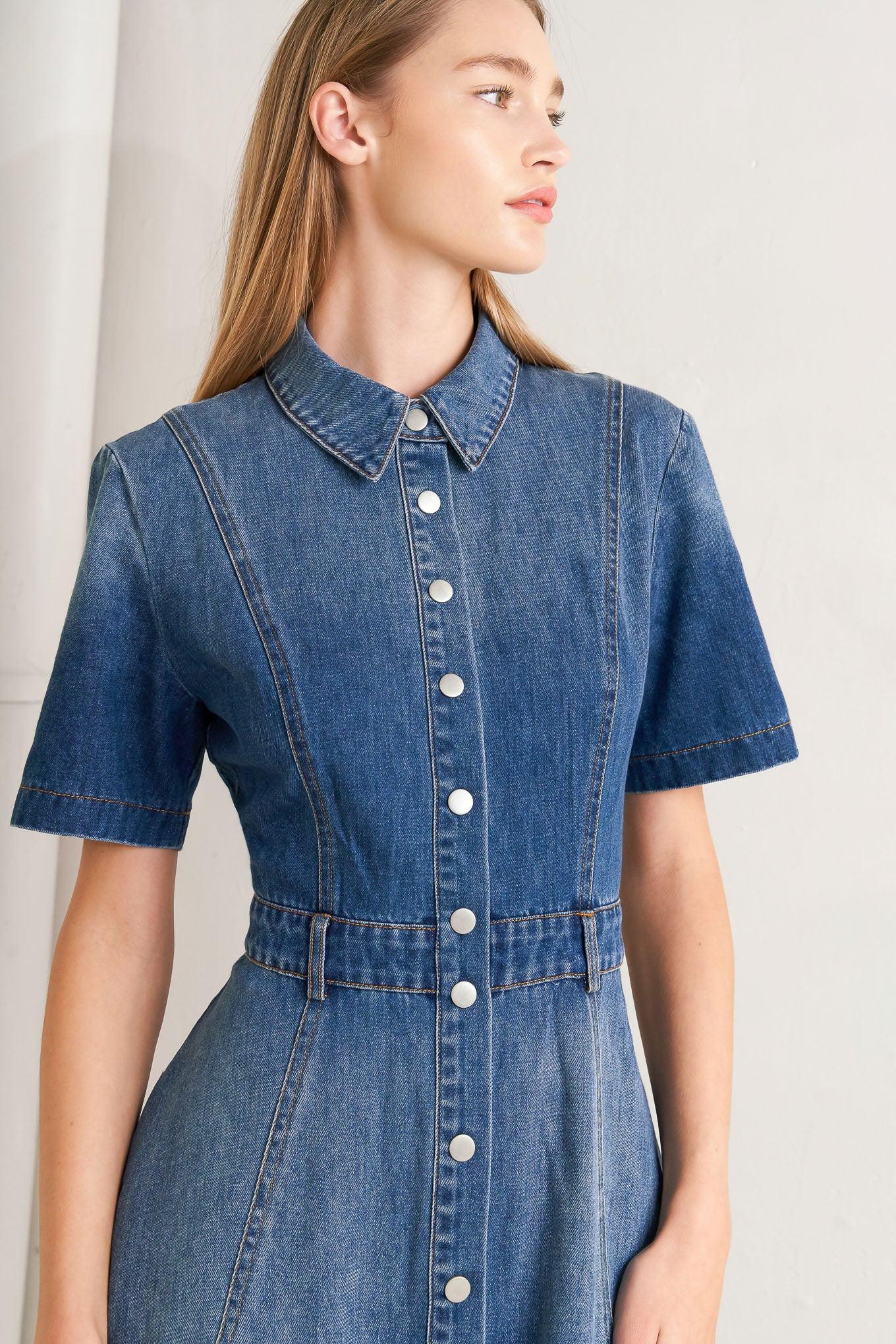 ELEGANT TOUCH DENIM MIDI DRESS - Glamourous Grace