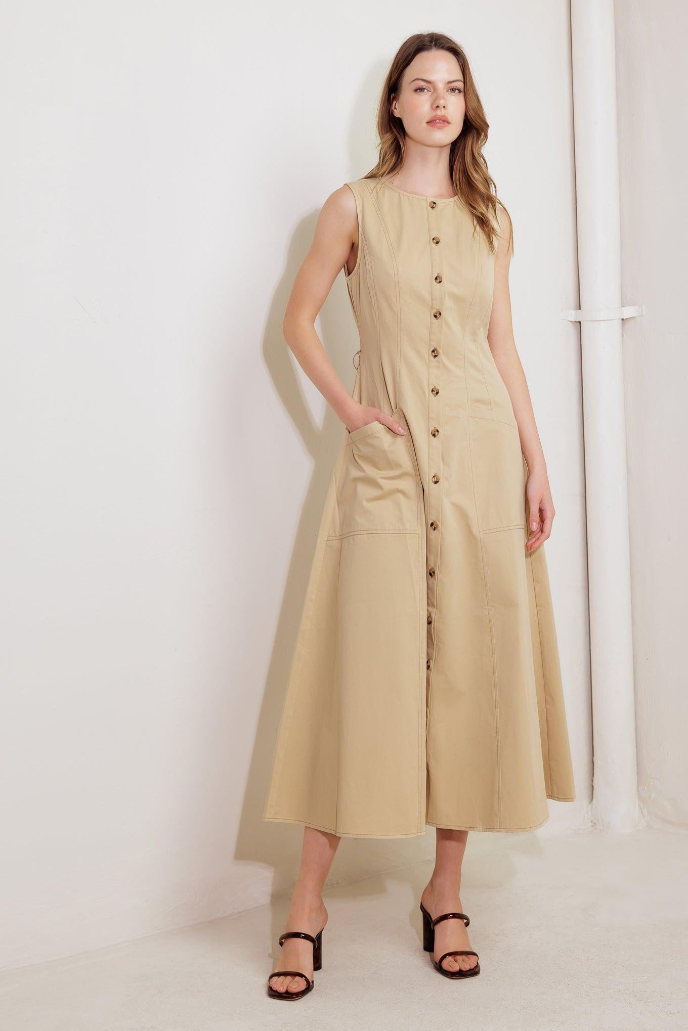 NATURE’S GENTLE SONG BEIGE WOVEN MIDI DRESS - Glamourous Grace