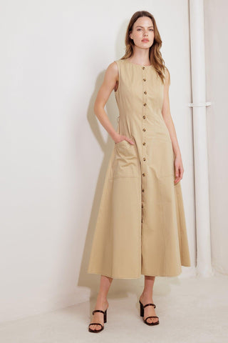 NATURE’S GENTLE SONG BEIGE WOVEN MIDI DRESS - Glamourous Grace