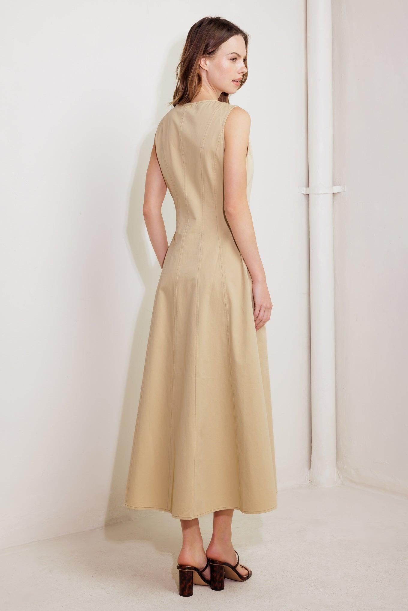 NATURE’S GENTLE SONG BEIGE WOVEN MIDI DRESS - Glamourous Grace