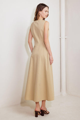 NATURE’S GENTLE SONG BEIGE WOVEN MIDI DRESS - Glamourous Grace