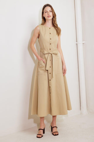 NATURE’S GENTLE SONG BEIGE WOVEN MIDI DRESS - Glamourous Grace