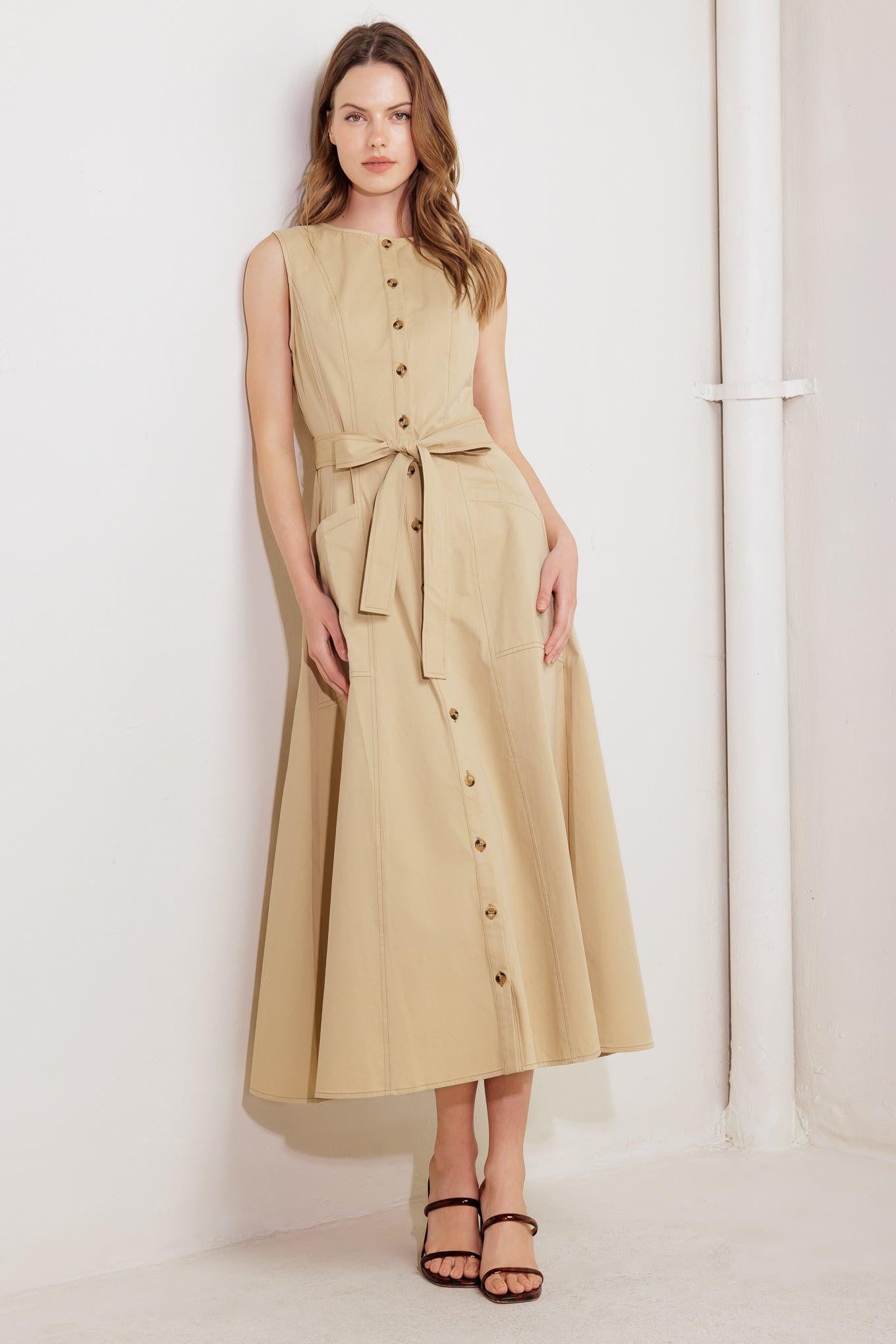 NATURE’S GENTLE SONG BEIGE WOVEN MIDI DRESS - Glamourous Grace