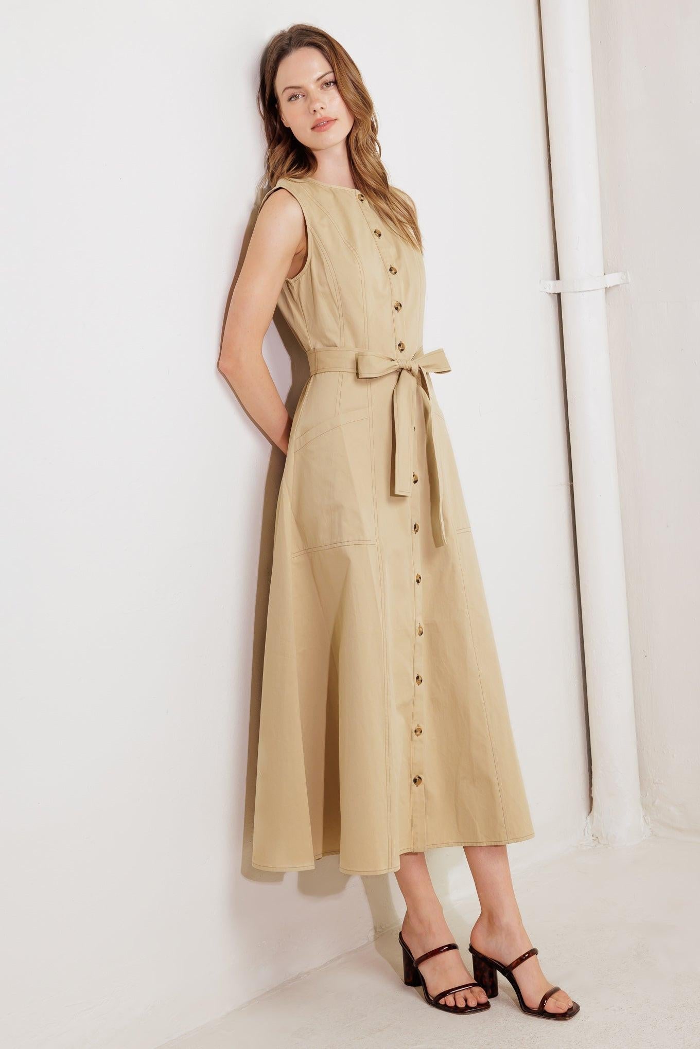 NATURE’S GENTLE SONG BEIGE WOVEN MIDI DRESS - Glamourous Grace