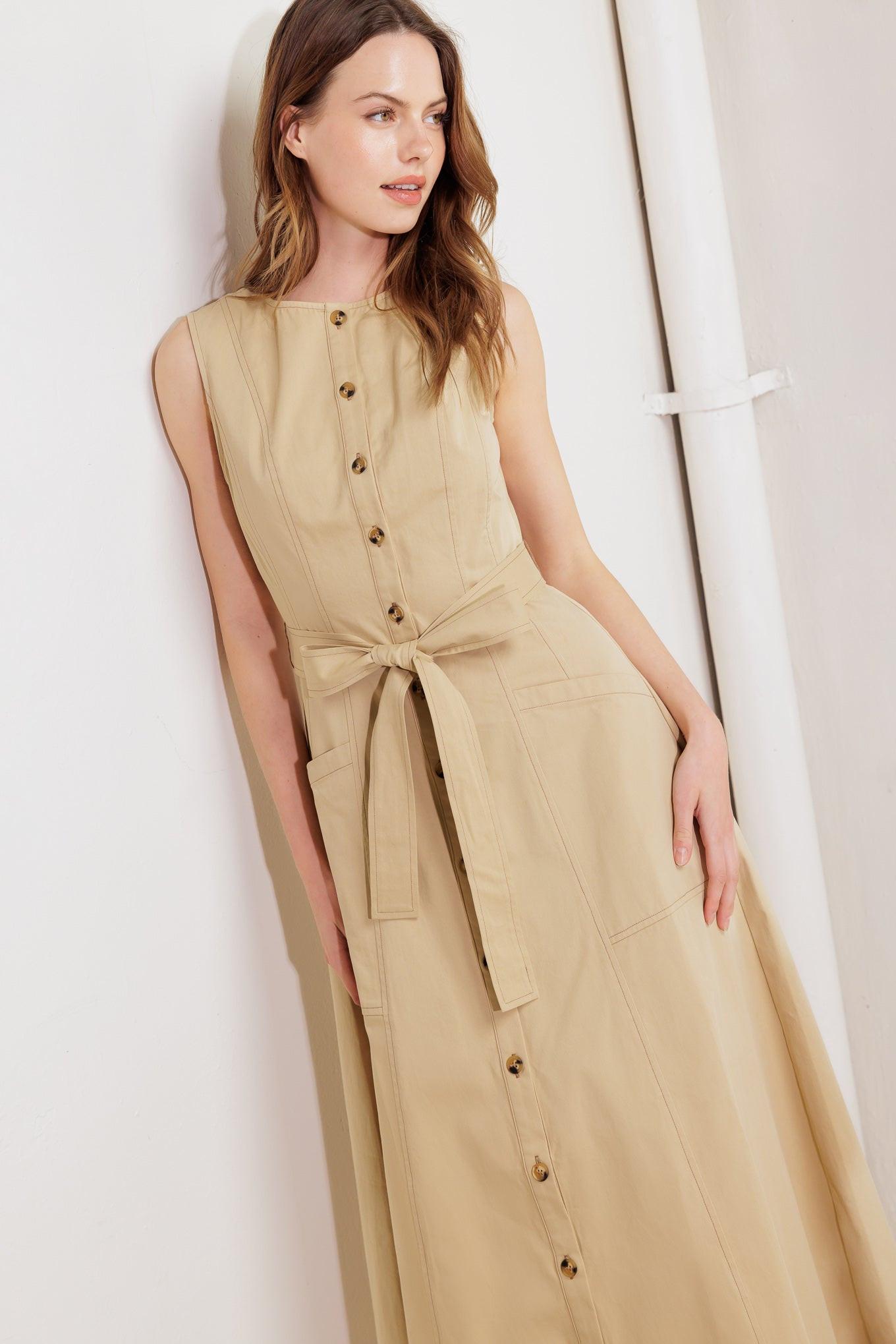 NATURE’S GENTLE SONG BEIGE WOVEN MIDI DRESS - Glamourous Grace