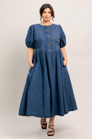 MIDDAY IN BLUE DENIM MIDI DRESS - Glamourous Grace LLC