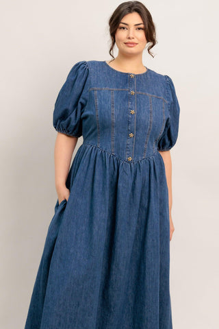 MIDDAY IN BLUE DENIM MIDI DRESS - Glamourous Grace LLC