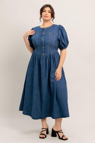 MIDDAY IN BLUE DENIM MIDI DRESS - Glamourous Grace LLC