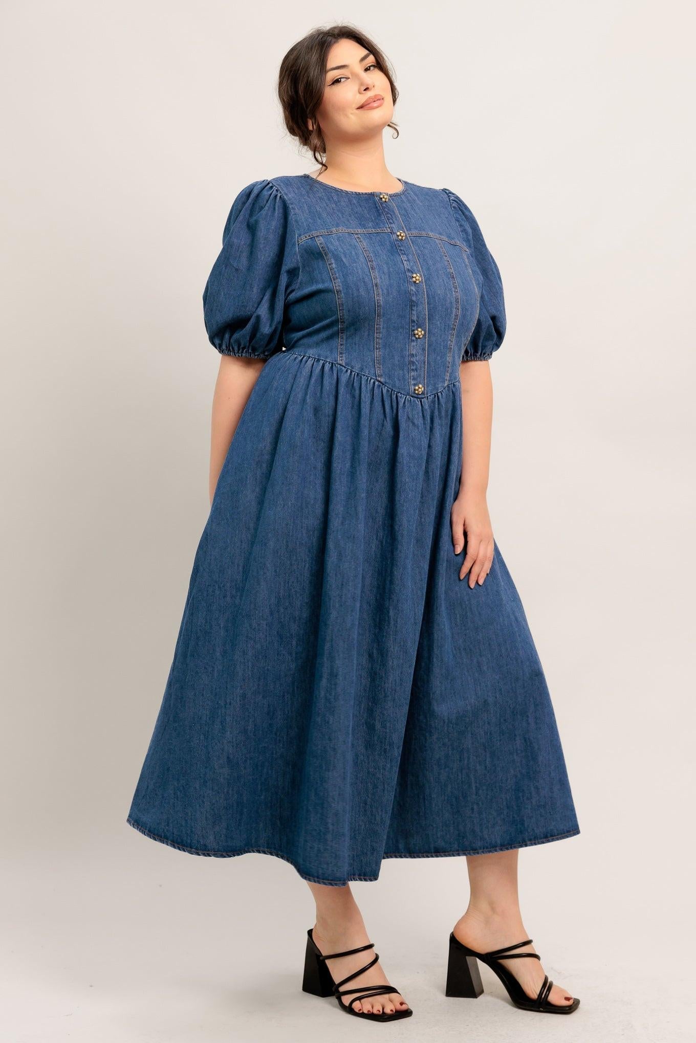 MIDDAY IN BLUE DENIM MIDI DRESS - Glamourous Grace LLC