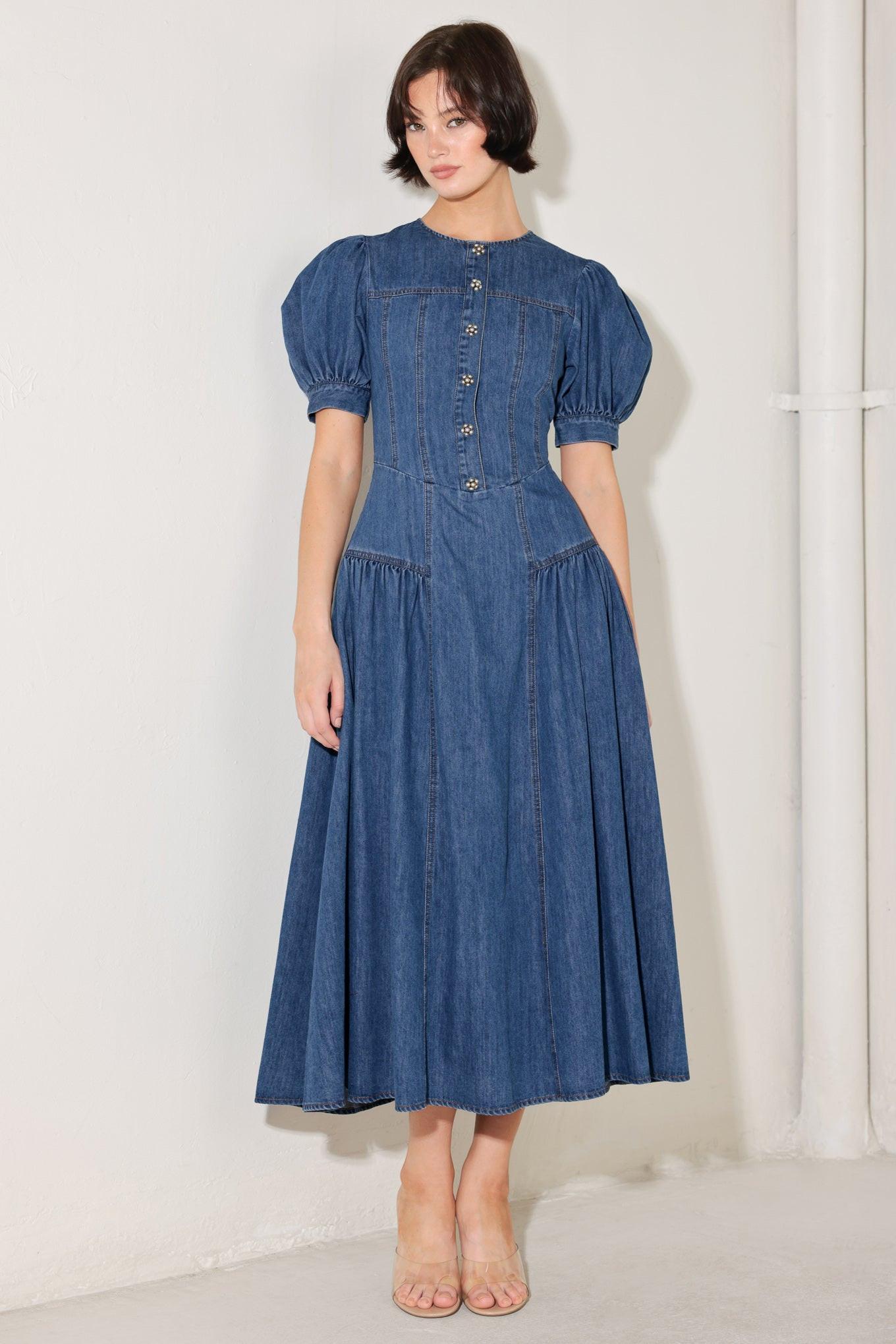 MIDDAY IN BLUE DENIM MIDI DRESS - Glamourous Grace LLC