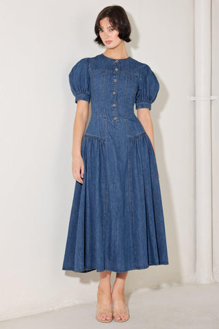 MIDDAY IN BLUE DENIM MIDI DRESS - Glamourous Grace LLC