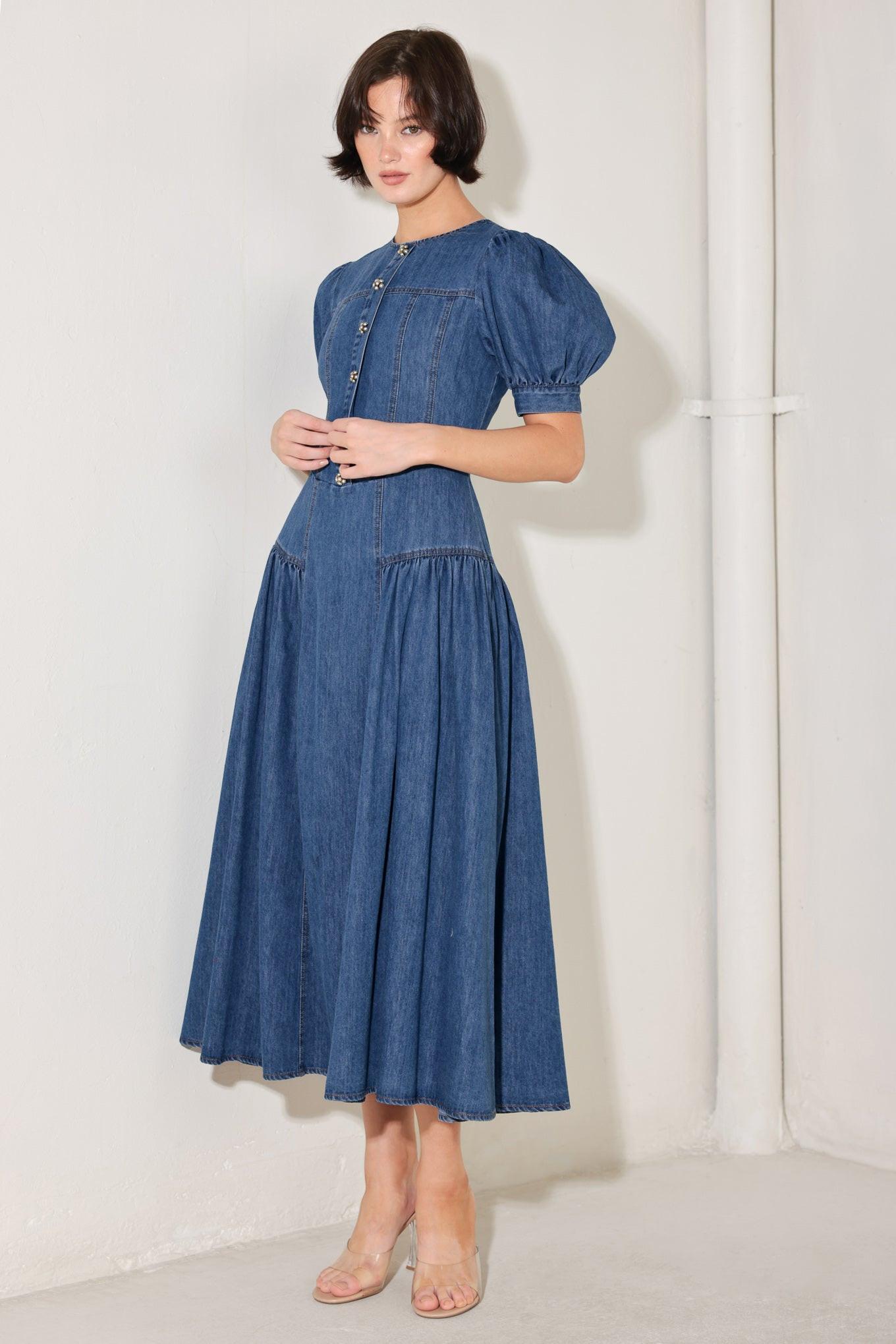 MIDDAY IN BLUE DENIM MIDI DRESS - Glamourous Grace LLC