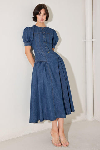 MIDDAY IN BLUE DENIM MIDI DRESS - Glamourous Grace LLC