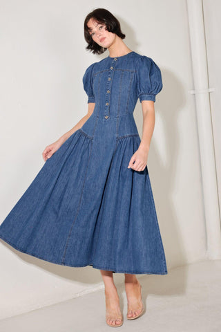 MIDDAY IN BLUE DENIM MIDI DRESS - Glamourous Grace LLC