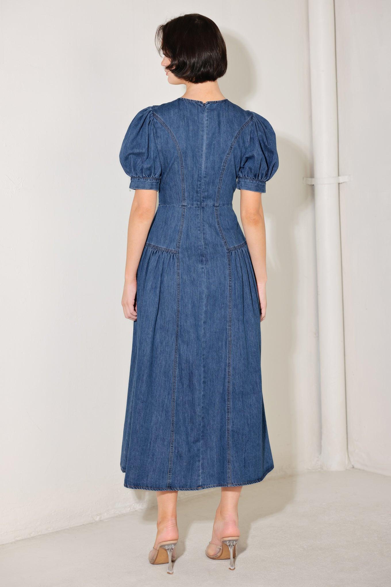 MIDDAY IN BLUE DENIM MIDI DRESS - Glamourous Grace LLC