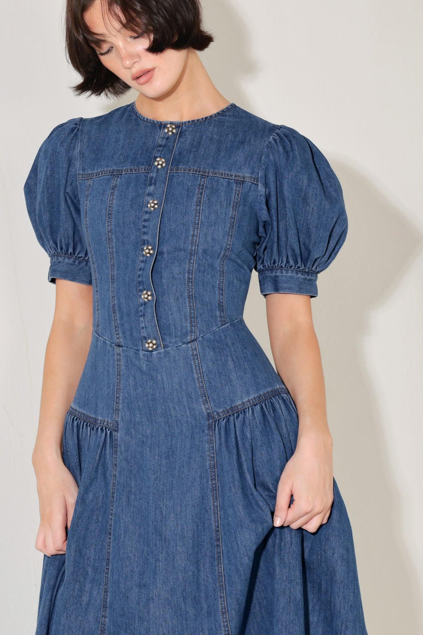 MIDDAY IN BLUE DENIM MIDI DRESS - Glamourous Grace LLC