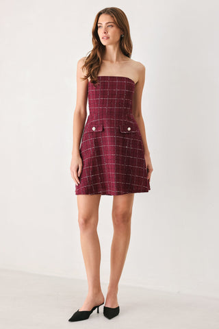 TWEED DOLL WINE WOVEN MINI DRESS