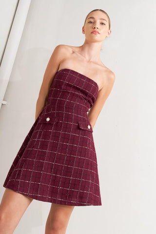 TWEED DOLL WINE WOVEN MINI DRESS - Glamourous Grace