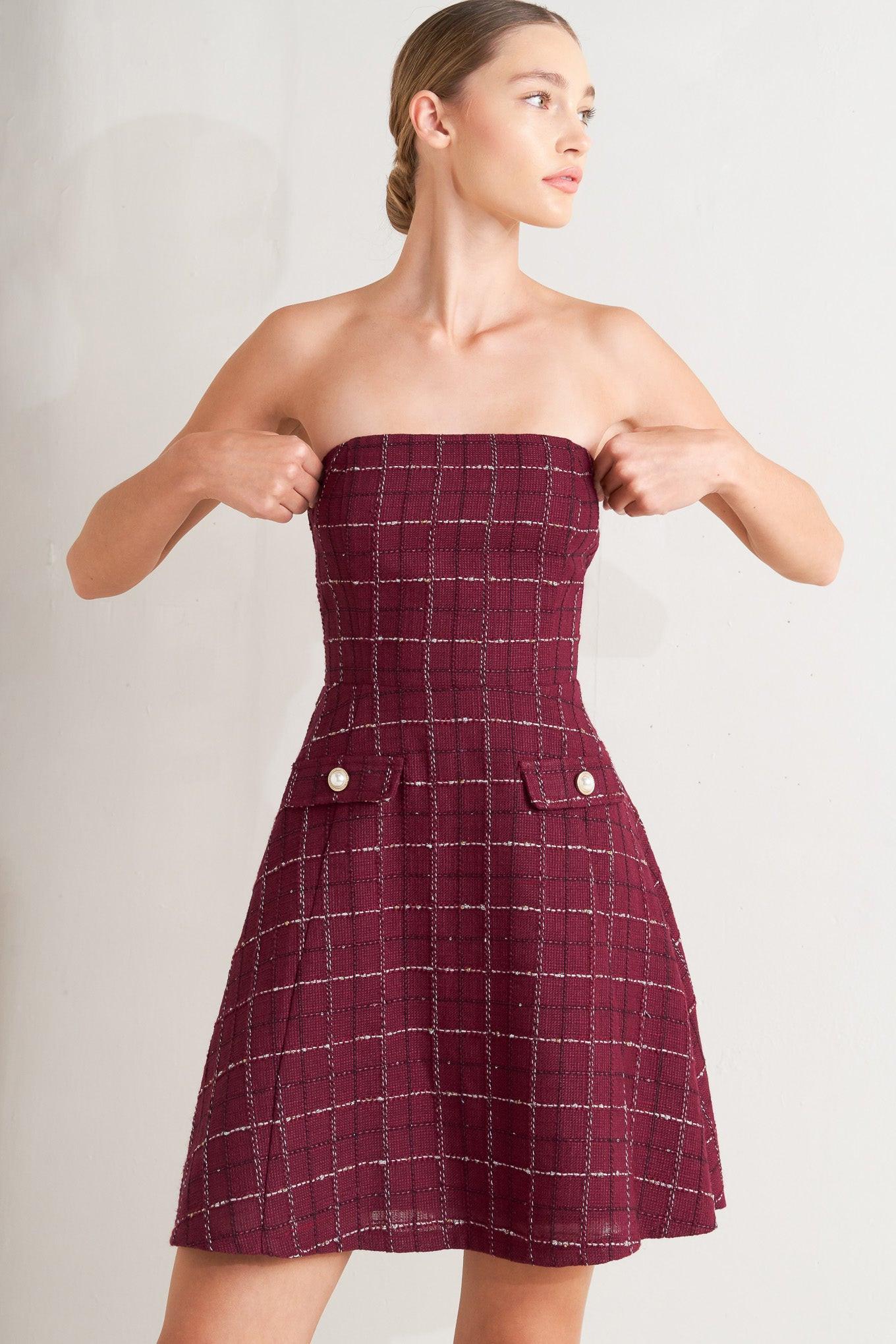TWEED DOLL WINE WOVEN MINI DRESS - Glamourous Grace