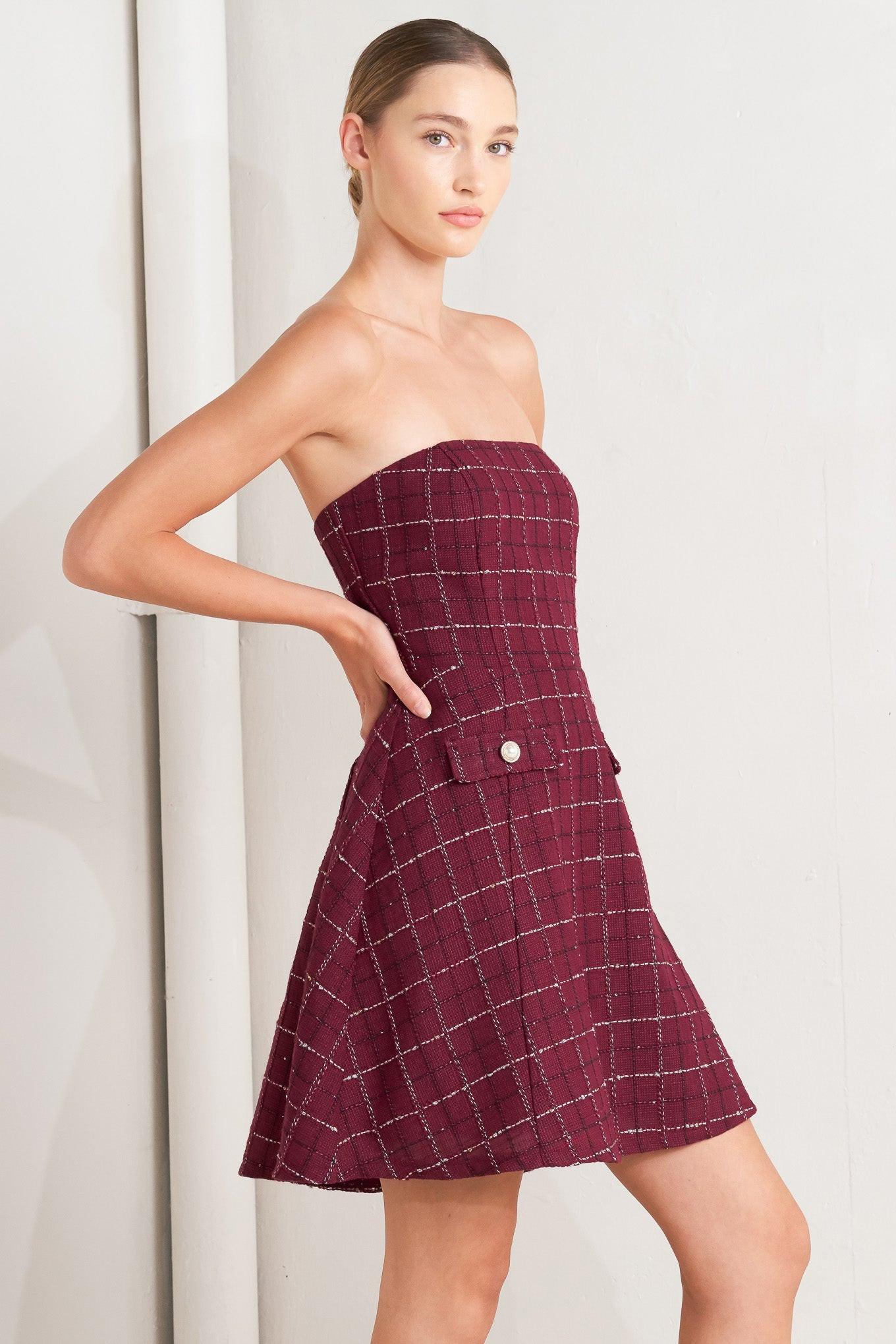 TWEED DOLL WINE WOVEN MINI DRESS - Glamourous Grace