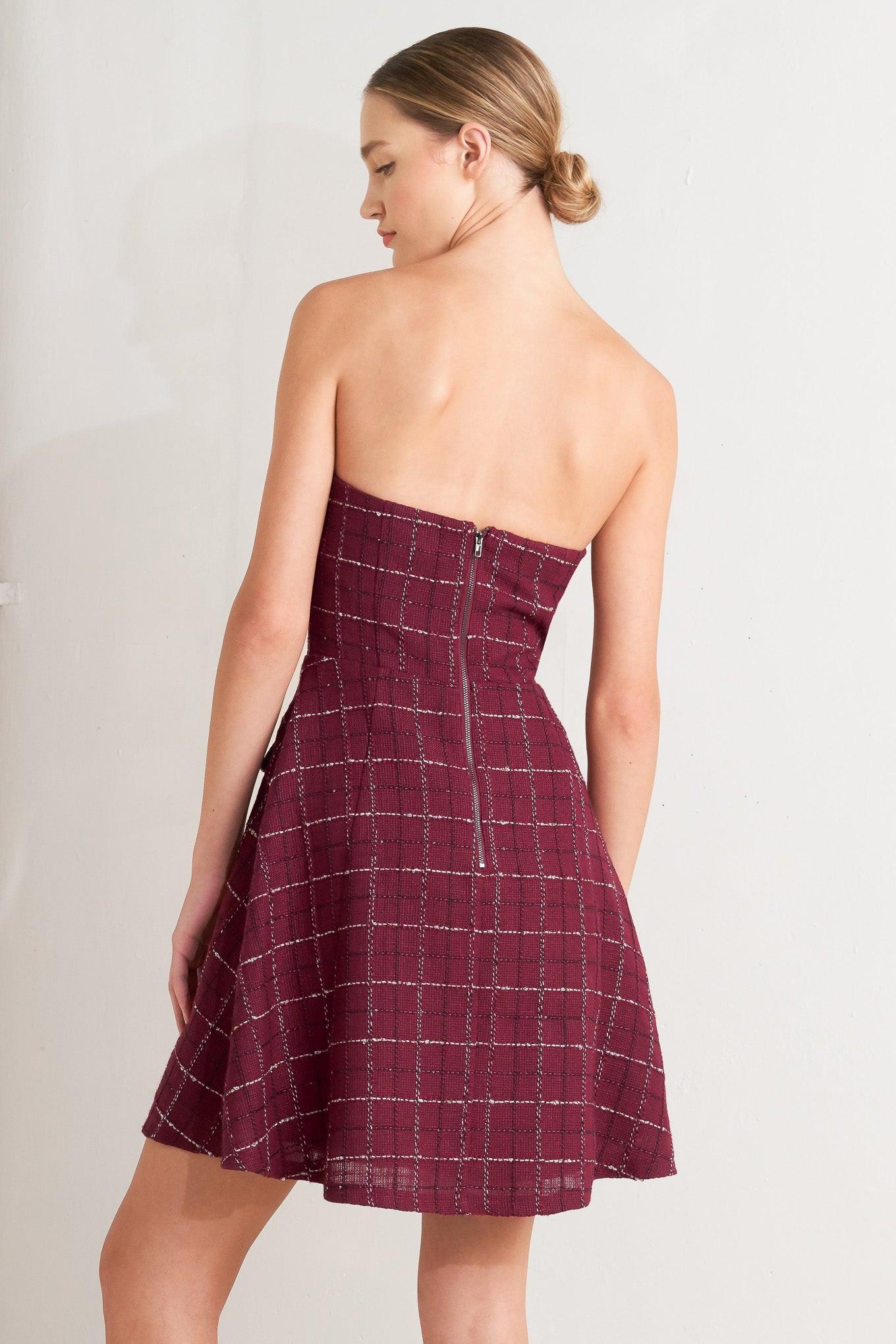 TWEED DOLL WINE WOVEN MINI DRESS - Glamourous Grace