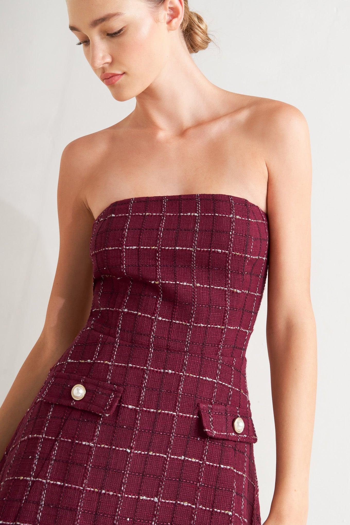 TWEED DOLL WINE WOVEN MINI DRESS - Glamourous Grace