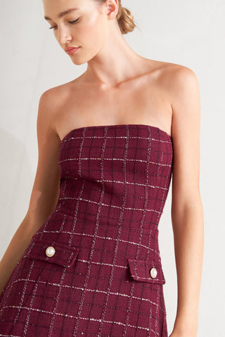 TWEED DOLL WINE WOVEN MINI DRESS - Glamourous Grace