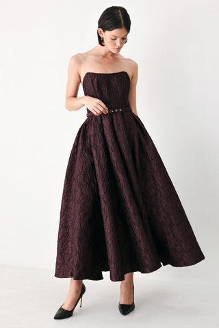 BURGUNDY COUTURE SWAY WOVEN MIDI DRESS