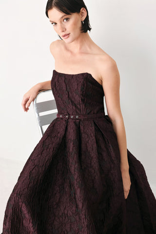 BURGUNDY COUTURE SWAY WOVEN MIDI DRESS