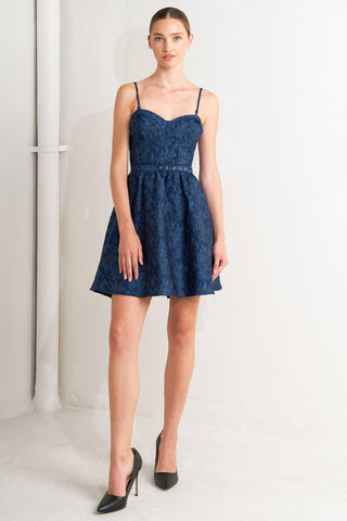 NAVY ROMANCE WOVEN JACQUARD MINI DRESS - Glamourous Grace