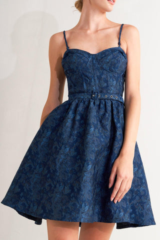 NAVY ROMANCE WOVEN JACQUARD MINI DRESS - Glamourous Grace