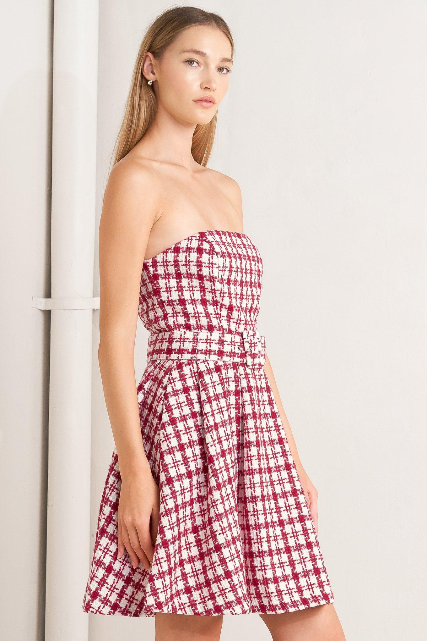 CHERRY CHECK TWEED MINI DRESS - Glamourous Grace