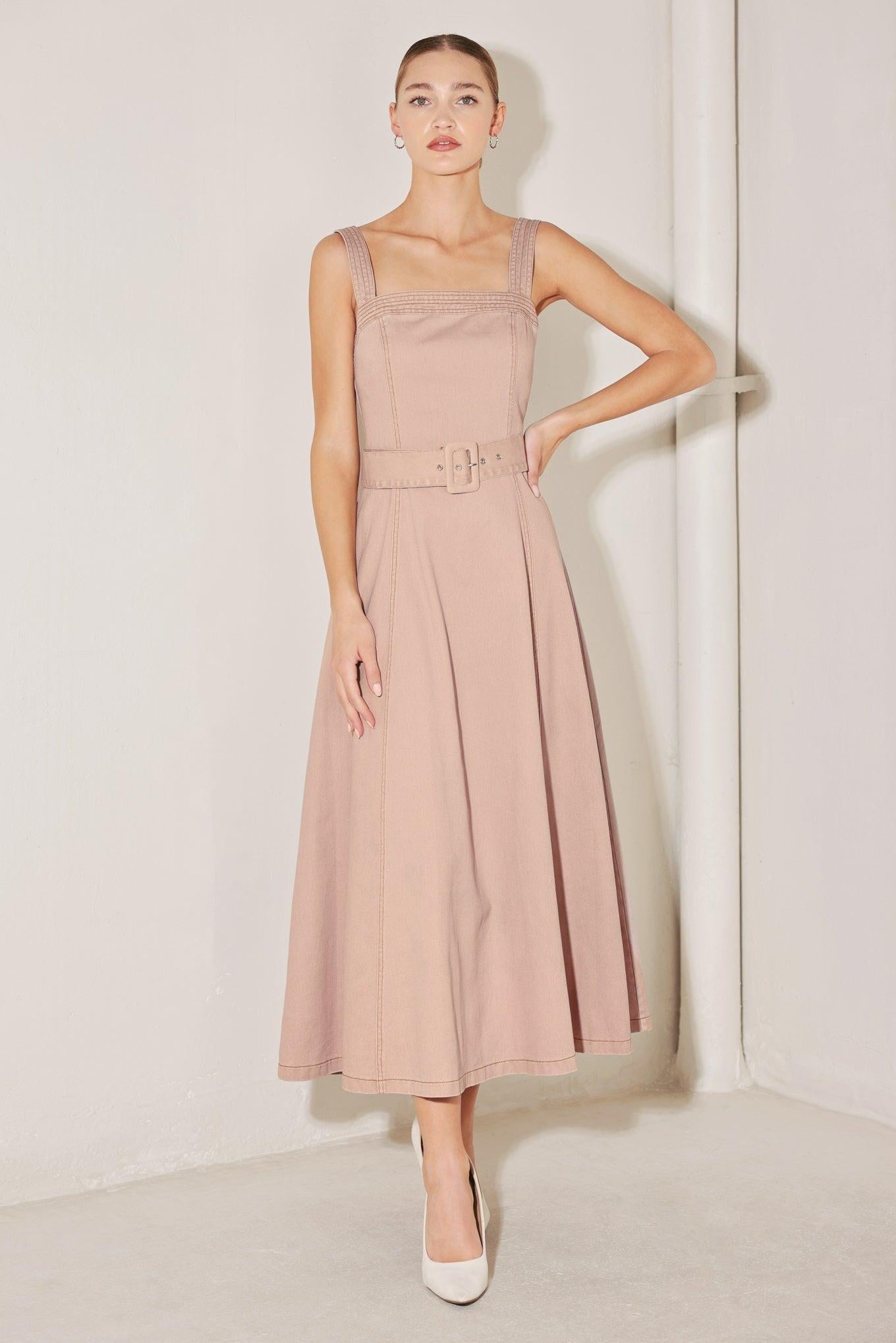 ELEVATED NEUTRAL BLUSH WOVEN MIDI DRESS - Glamourous Grace