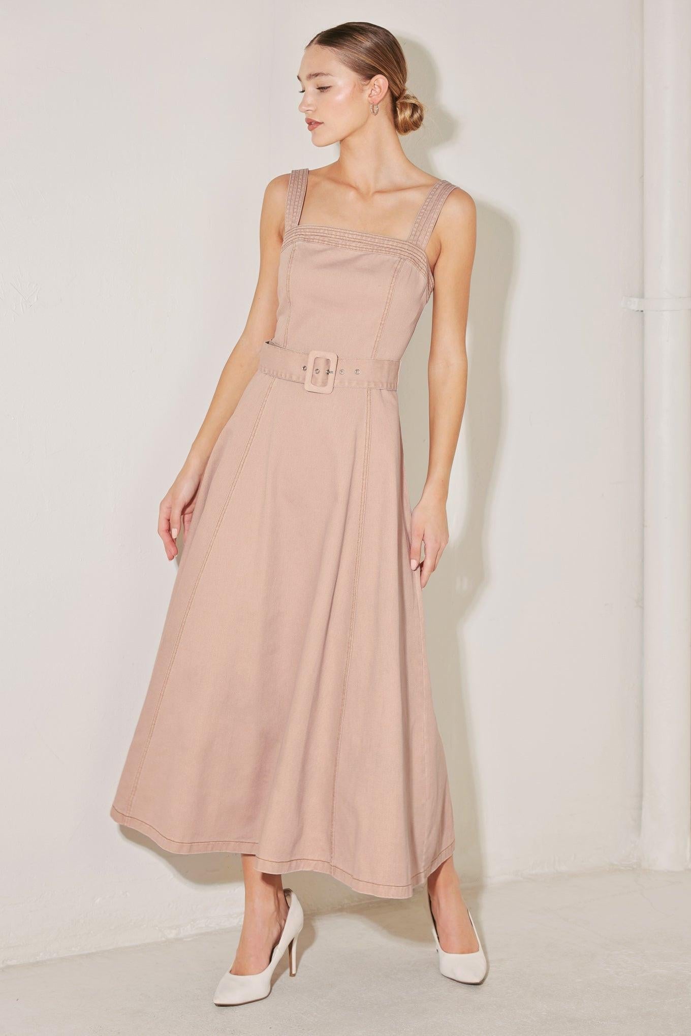 ELEVATED NEUTRAL BLUSH WOVEN MIDI DRESS - Glamourous Grace