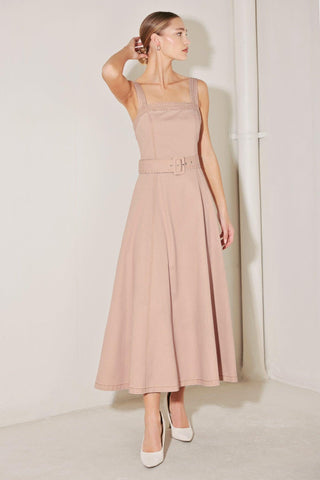 ELEVATED NEUTRAL BLUSH WOVEN MIDI DRESS - Glamourous Grace