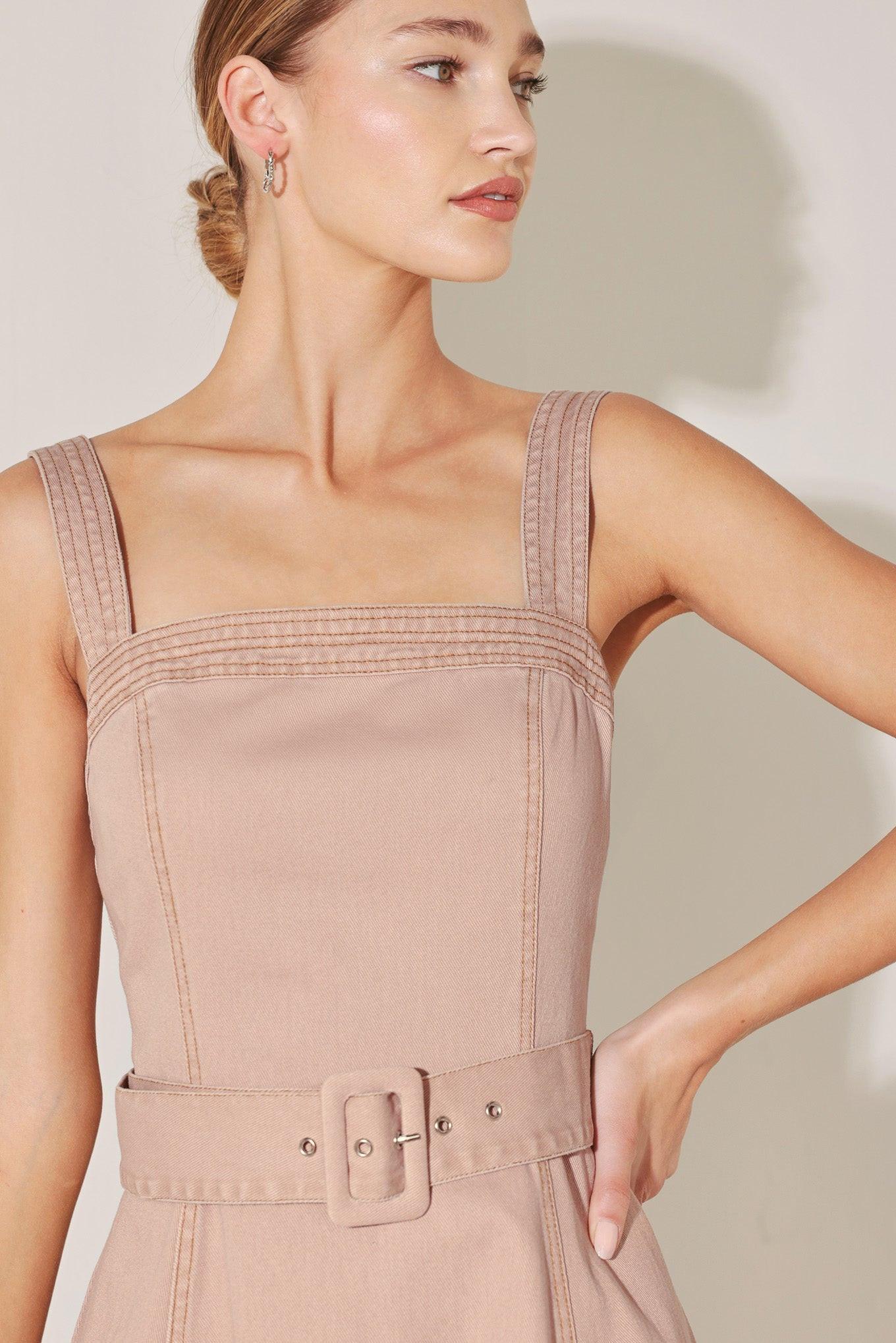 ELEVATED NEUTRAL BLUSH WOVEN MIDI DRESS - Glamourous Grace
