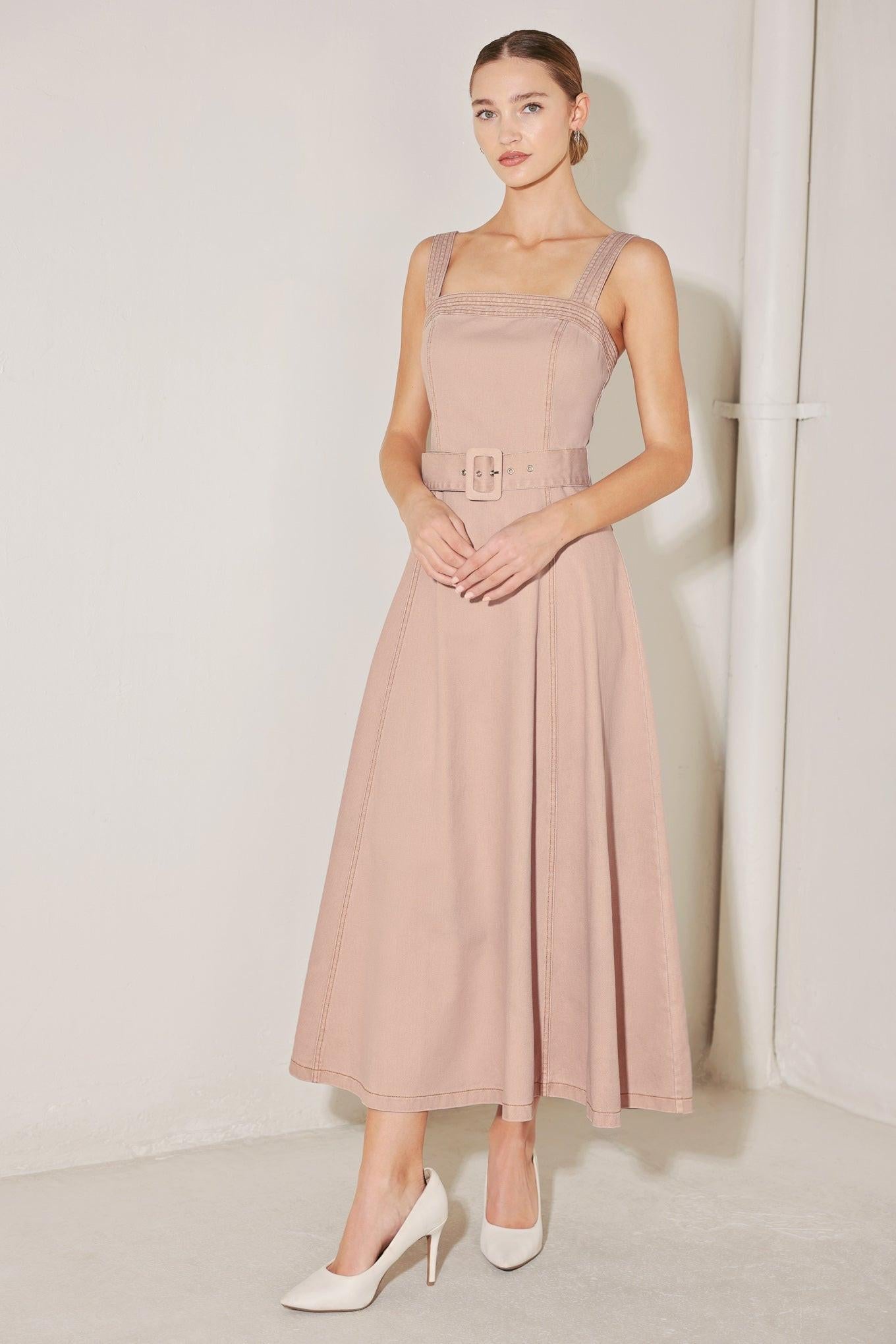 ELEVATED NEUTRAL BLUSH WOVEN MIDI DRESS - Glamourous Grace