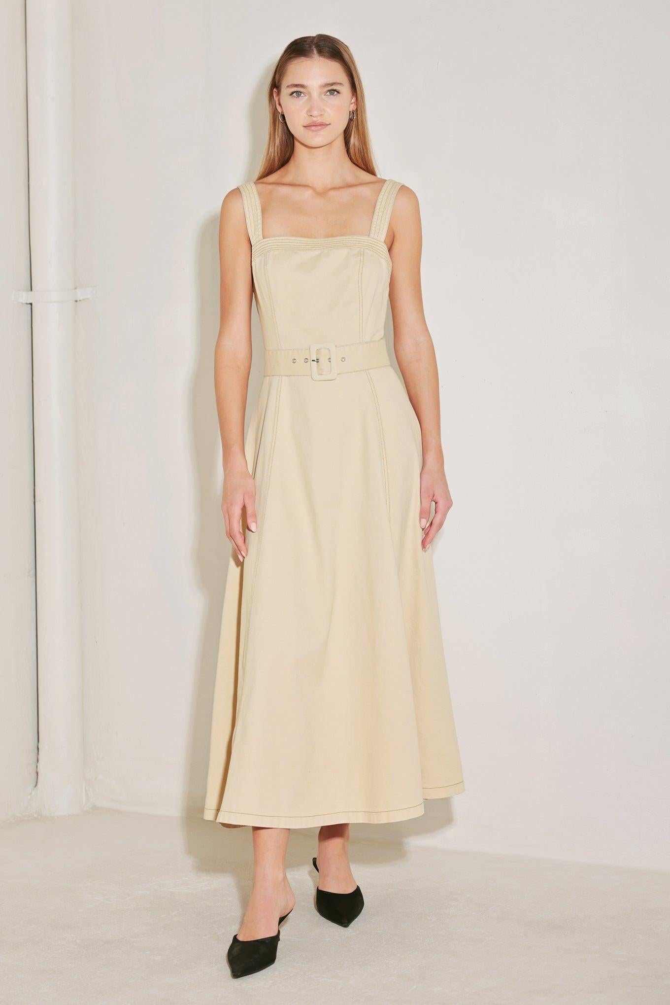 ELEVATED NEUTRAL WOVEN MIDI DRESS - Glamourous Grace