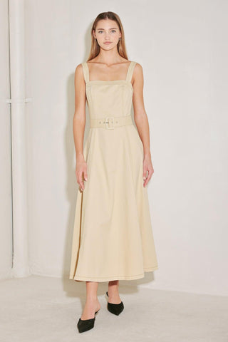ELEVATED NEUTRAL WOVEN MIDI DRESS - Glamourous Grace